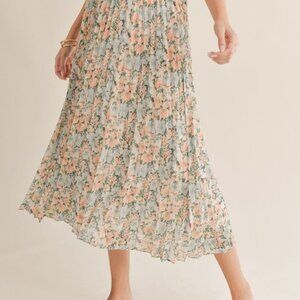 LAST ONE Women's Floral Swiss Dot Pleated Midi Skirt | Blue Multi
